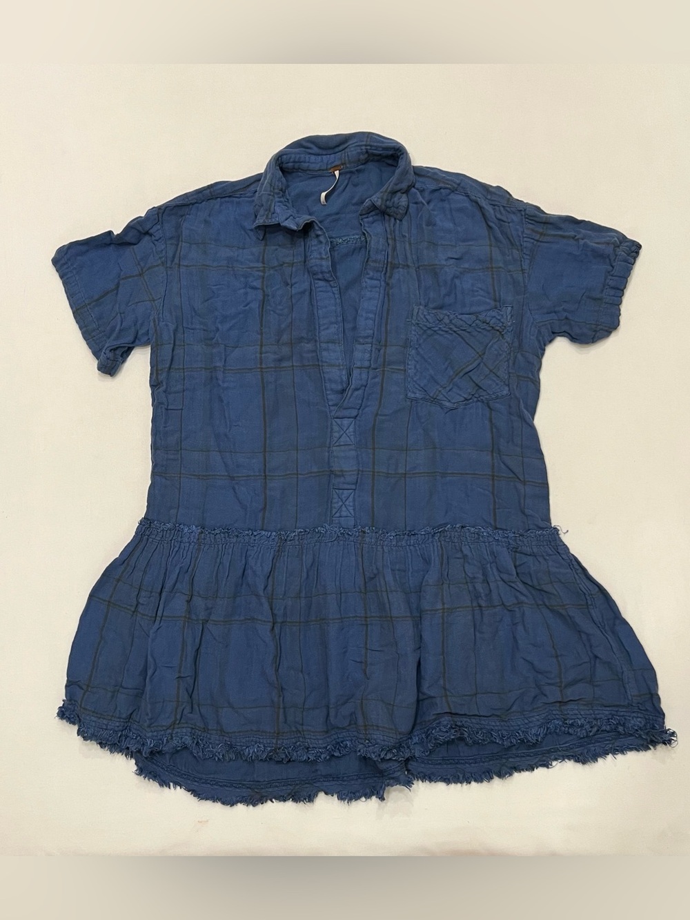 Free People Love Buzz Boho Mini Dress Sz Small Drop Waist Blue Plaid Oversized